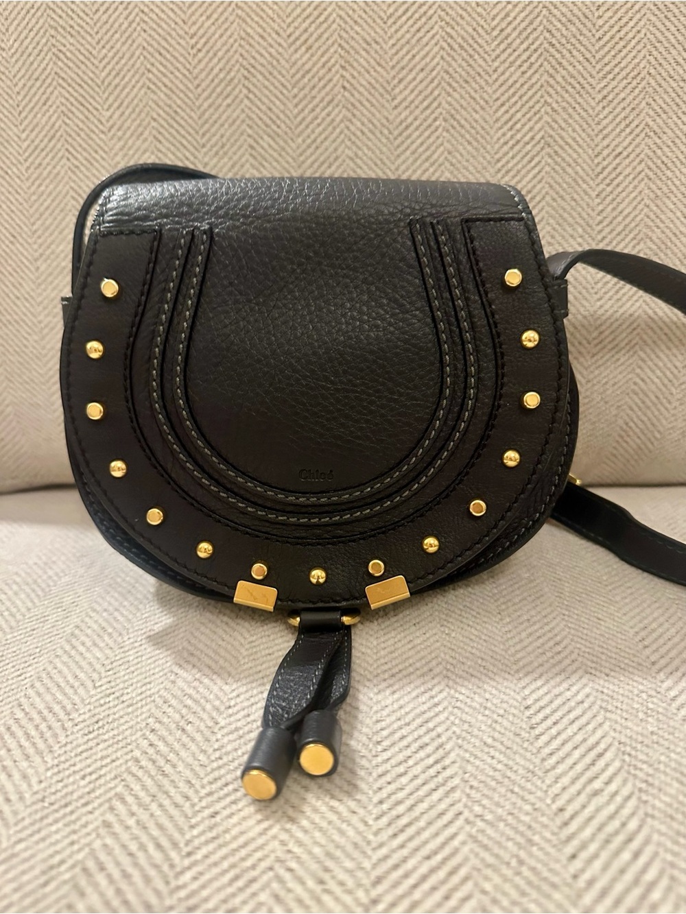 Chloé Midnight Navy Leather Small Marcie Saddle Crossbody with Gold Studs - Picture 1 of 10